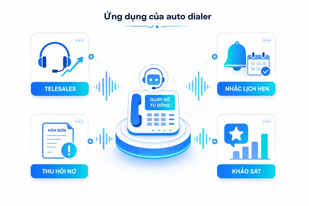 Các ứng dụng của auto dialer quay số tự động: telesales, nhắc lịch hẹn, thu