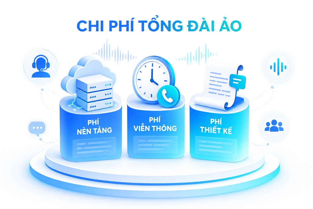 Ba phần chi phí tổng đài ảo: phí nền tảng đám mây hàng tháng, phí viễn thông
