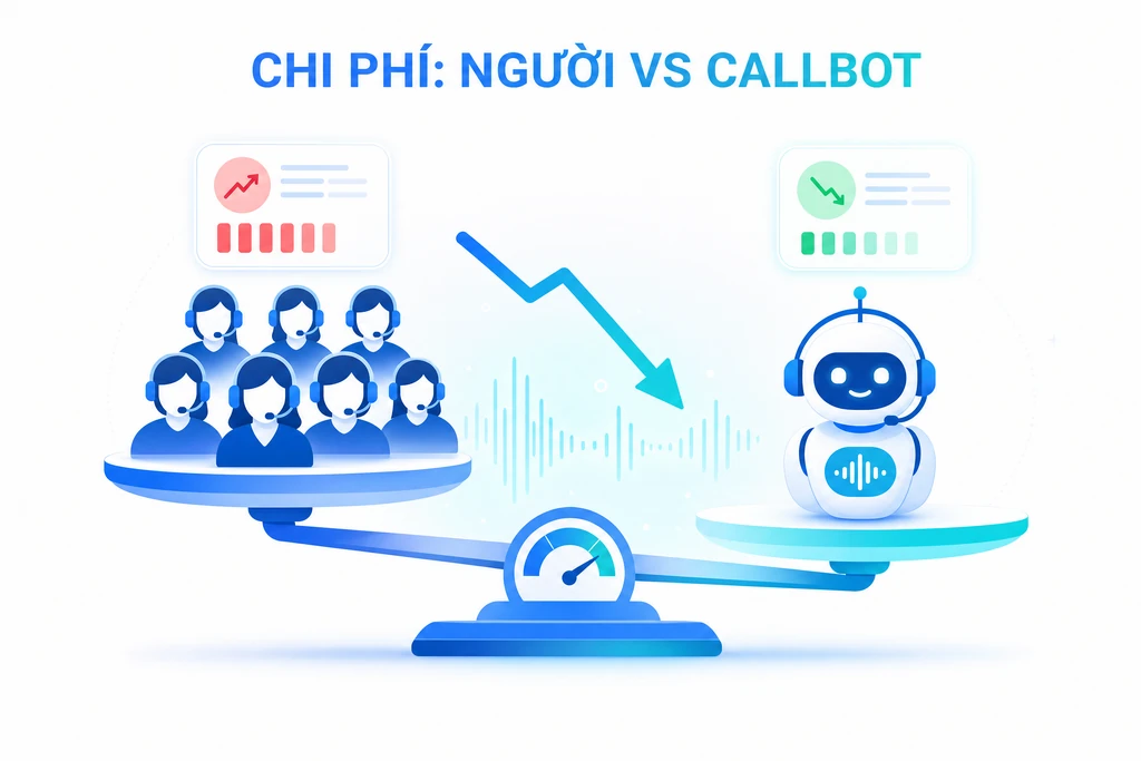 So sánh chi phí giữa thuê đội tổng đài viên người thật và dùng callbot AI tự động