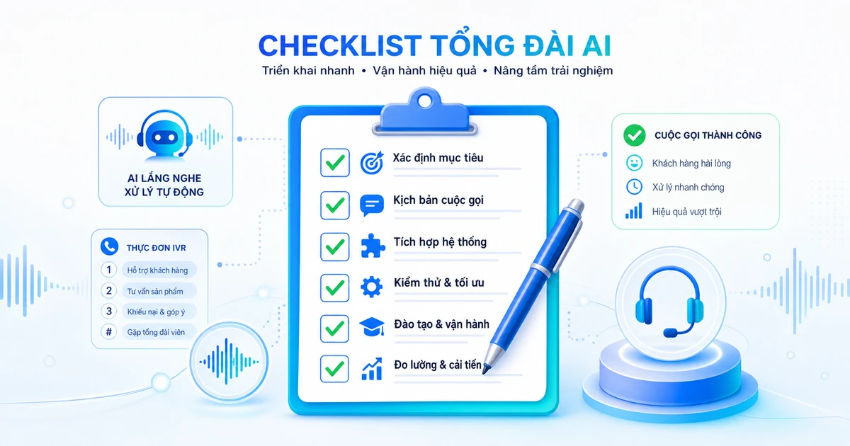 Minh hoạ checklist với các ô tích xanh và bút đánh dấu theo phong cách tổng đài AI