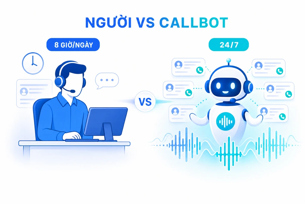 So sánh một tổng đài viên làm 8 giờ mỗi ngày với callbot AI hoạt động 24/7