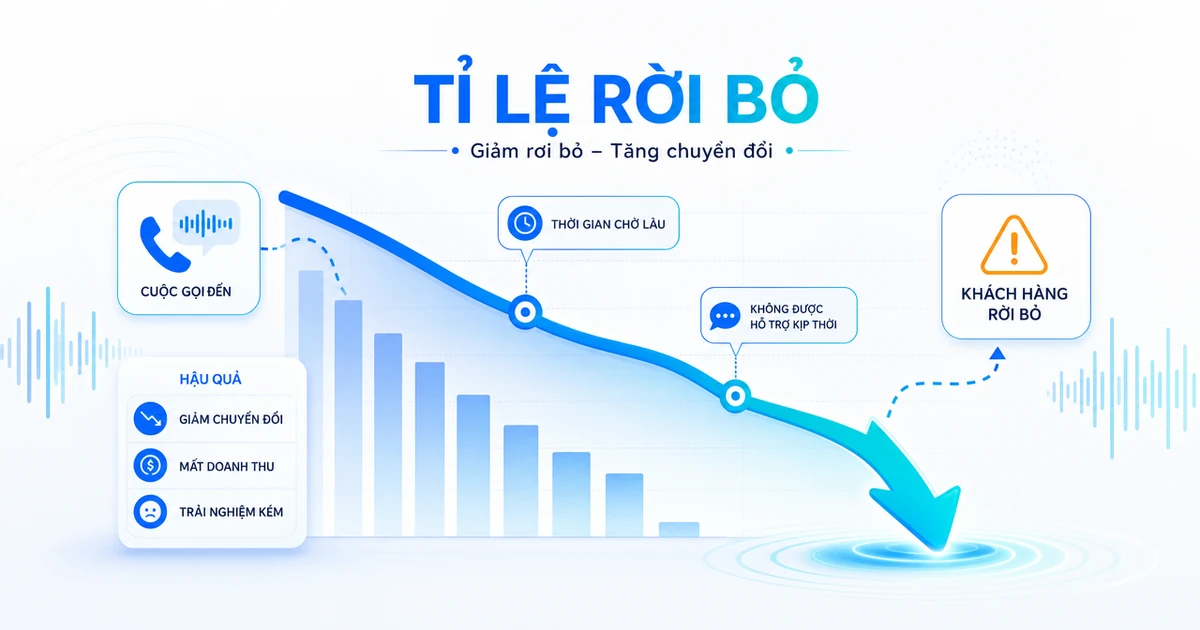 Minh hoạ tỉ lệ churn với đường cong đi xuống và biểu tượng khách hàng rời bỏ kèm phần trăm