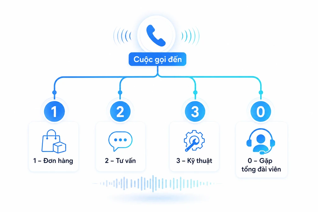 Sơ đồ thiết kế menu IVR hiệu quả: cây phím phân nhánh ngắn gọn 1 đơn hàng, 2