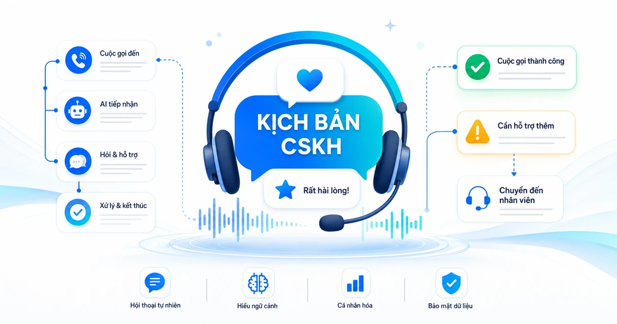 Minh hoạ kịch bản chăm sóc khách hàng với bong bóng hội thoại, biểu tượng hài lòng và tai nghe tổng đài