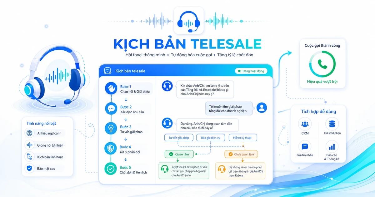 Minh hoạ kịch bản telesale với các bước hội thoại, tai nghe tổng đài và quy trình gọi theo phong cách tổng đài AI