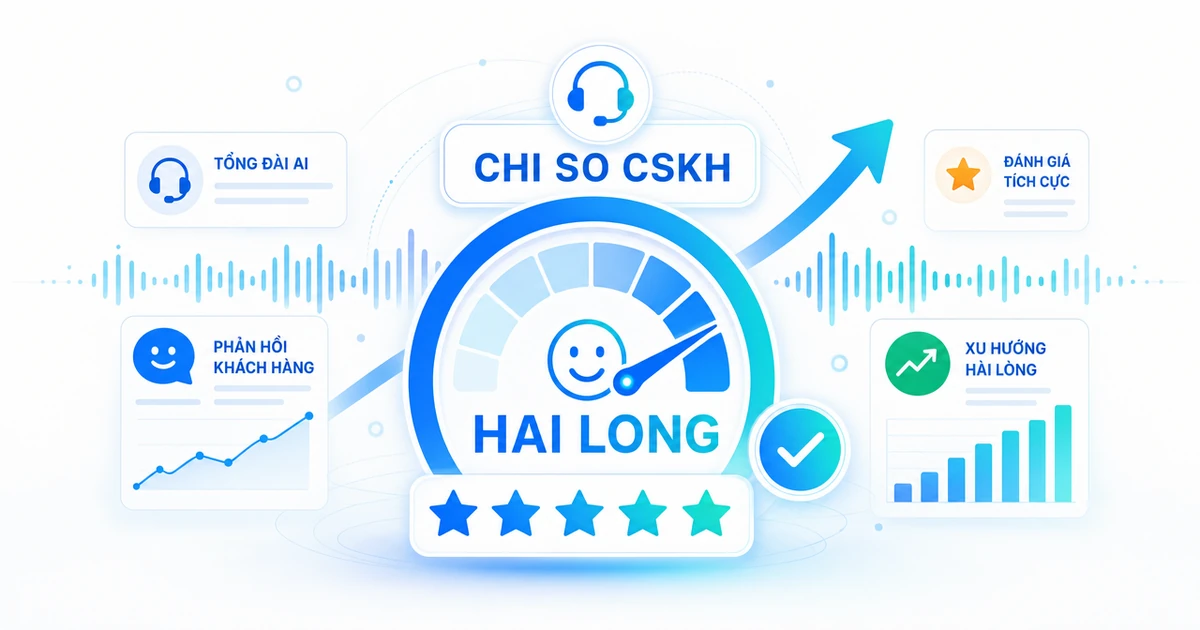 Minh hoạ các chỉ số KPI chăm sóc khách hàng gồm mức hài lòng, đánh giá sao và đường xu hướng tăng trên nền tổng đài AI