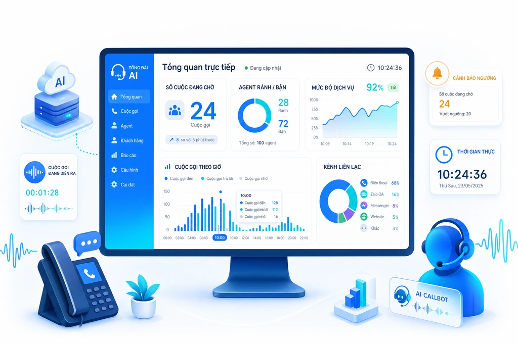 Dashboard báo cáo realtime của tổng đài hiển thị số cuộc đang chờ, mức độ