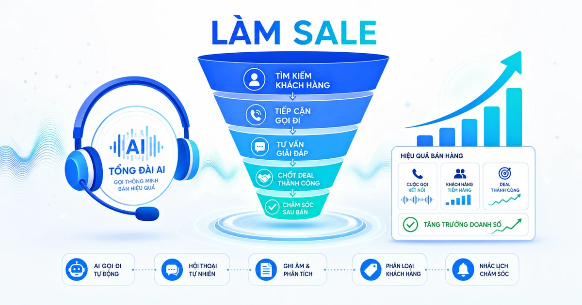 Minh hoạ công việc làm sale với phễu quy trình bán hàng, tai nghe tổng đài và biểu đồ tăng trưởng