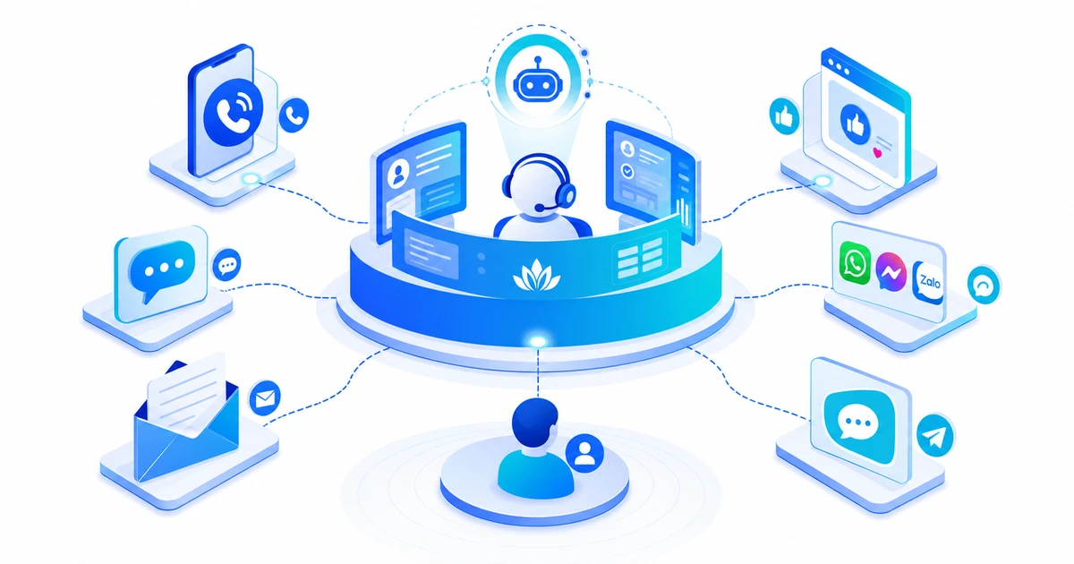 Nhân viên chăm sóc khách hàng xem màn hình hợp nhất lịch sử tương tác từ tổng đài, chat, email, mạng xã hội và Zalo