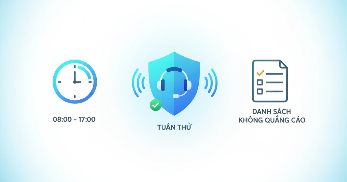 Minh họa quy định cuộc gọi quảng cáo: đồng hồ khung giờ 08:00-17:00, lá chắn tuân thủ và danh sách không quảng cáo
