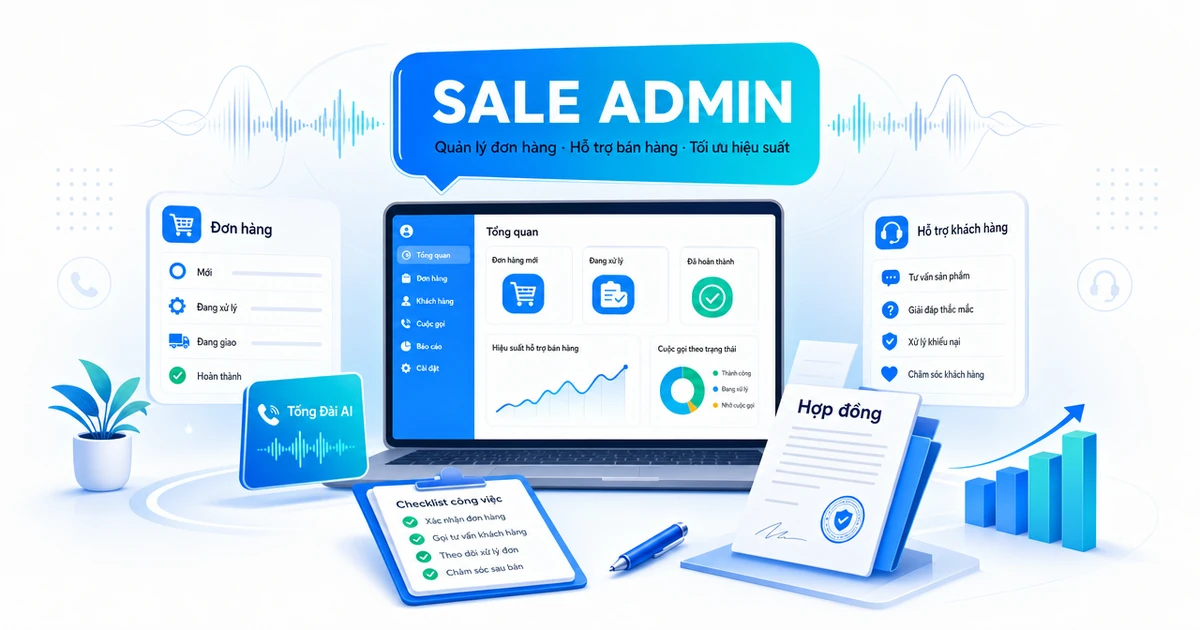 Minh hoạ công việc sale admin với đơn hàng, checklist và biểu đồ hỗ trợ bán hàng trên nền tổng đài AI