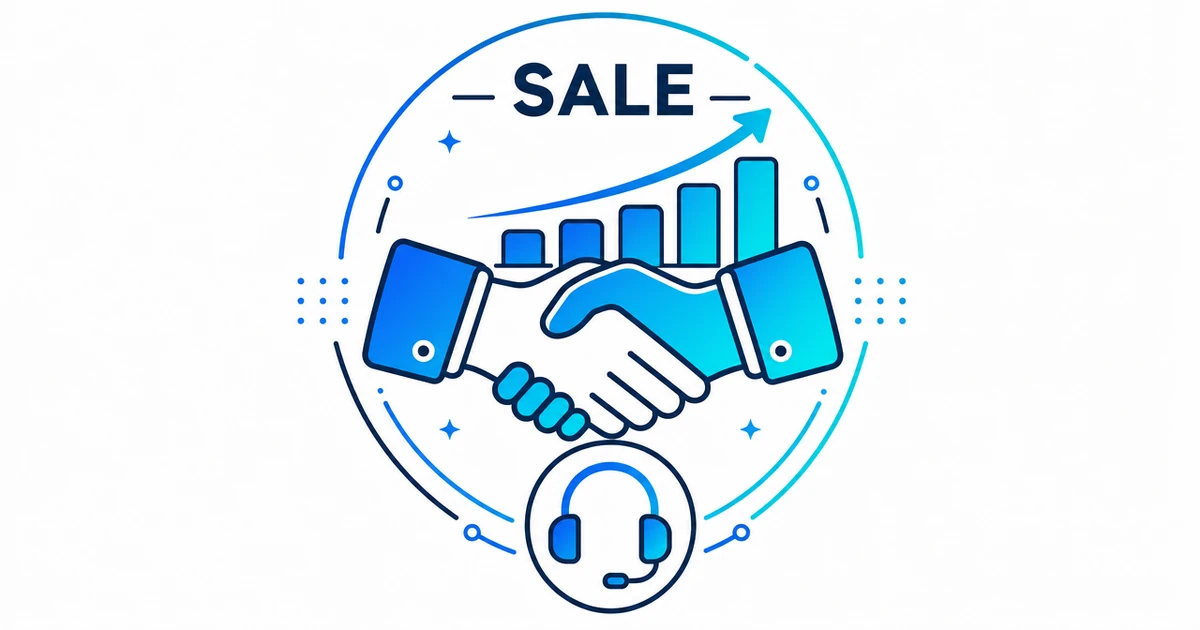 Minh hoạ khái niệm sale: bắt tay, biểu đồ doanh số đi lên và tổng đài bán hàng
