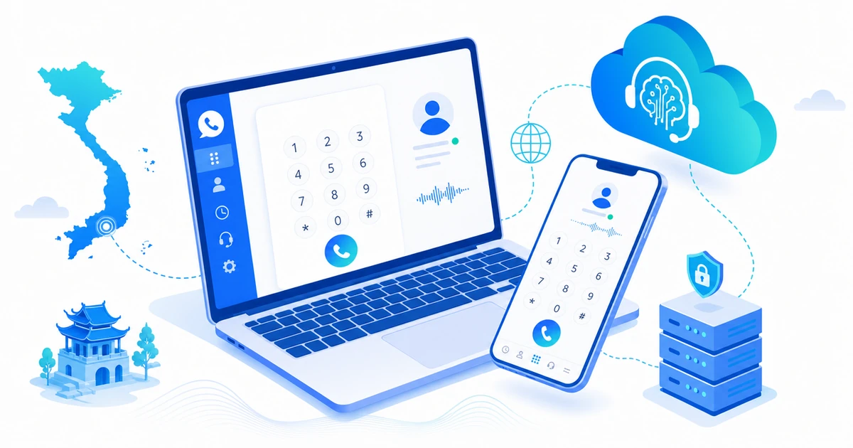 Nhân viên tổng đài sử dụng softphone gọi điện qua Internet trên laptop