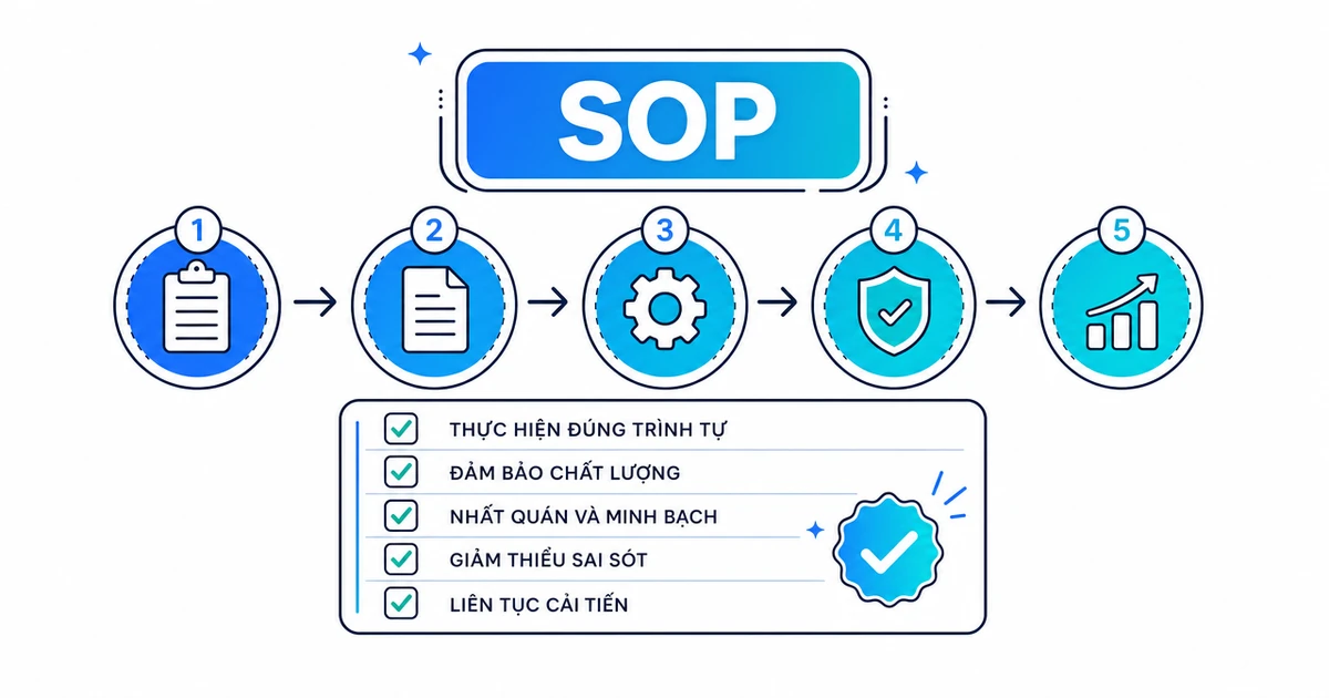 Minh hoạ SOP: sơ đồ các bước quy trình chuẩn nối nhau kèm checklist