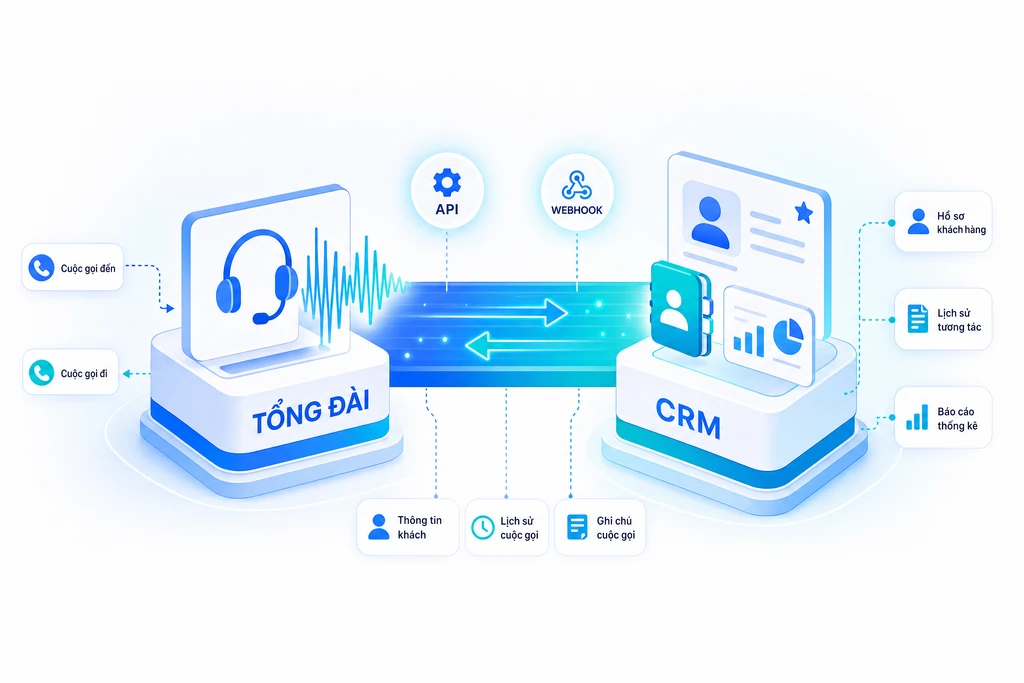 Sơ đồ kiến trúc tích hợp tổng đài với CRM qua API và webhook, đồng bộ dữ liệu