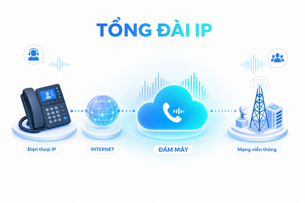 Tổng đài IP truyền cuộc gọi qua internet từ điện thoại IP tới tổng đài đám