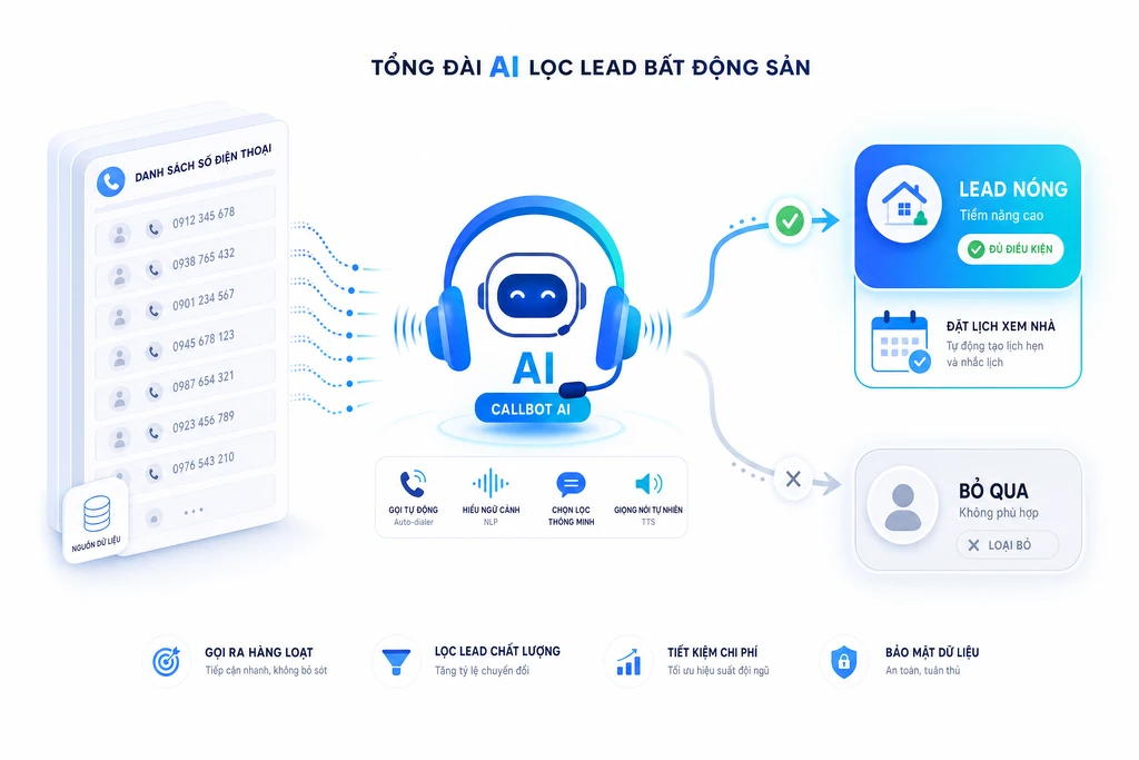 Quy trình tổng đài AI lọc khách tiềm năng bất động sản từ biển data, tách